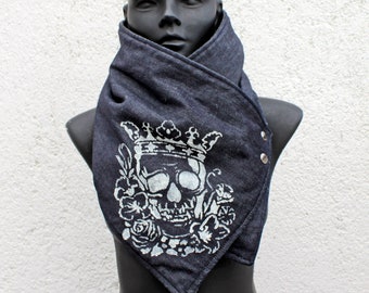 Unisex scarf,Men,women cowl.Blue denim,Hand printed skull,metallic snaps. Modern,cozy.Gift.READY to SHIP.