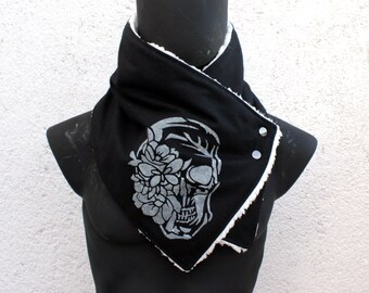 Unisex scarf,Men,women cowl.Black wool,Hand printed skull,sherpa fabric,snaps.Modern,cozy. READY to SHIP.