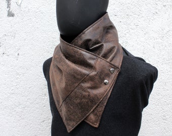 Men & Women Scarf.Unisex Cowl, Brown faux suede leather,metallic snaps.Chic Husband gift,READY to SHIP.