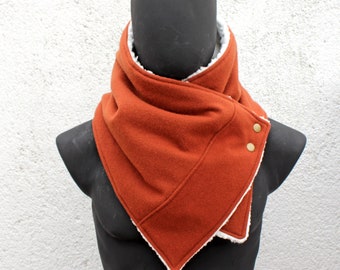 Unisex scarf.Men & women cowl.Rust orange wool,sherpa fabric,metallic snaps.Gift,for her,him.READY to SHIP.