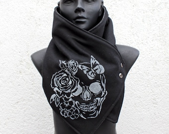 Unisex scarf,Men women cowl.Black wool,Hand printed skull, metallic snaps.Modern,cozy.Gift.READY to SHIP.