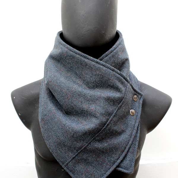 Unisex scarf.Men & women cowl.Teal herringbone wool,metallic snaps.Modern,elegant,cozy.gift.READY to SHIP.