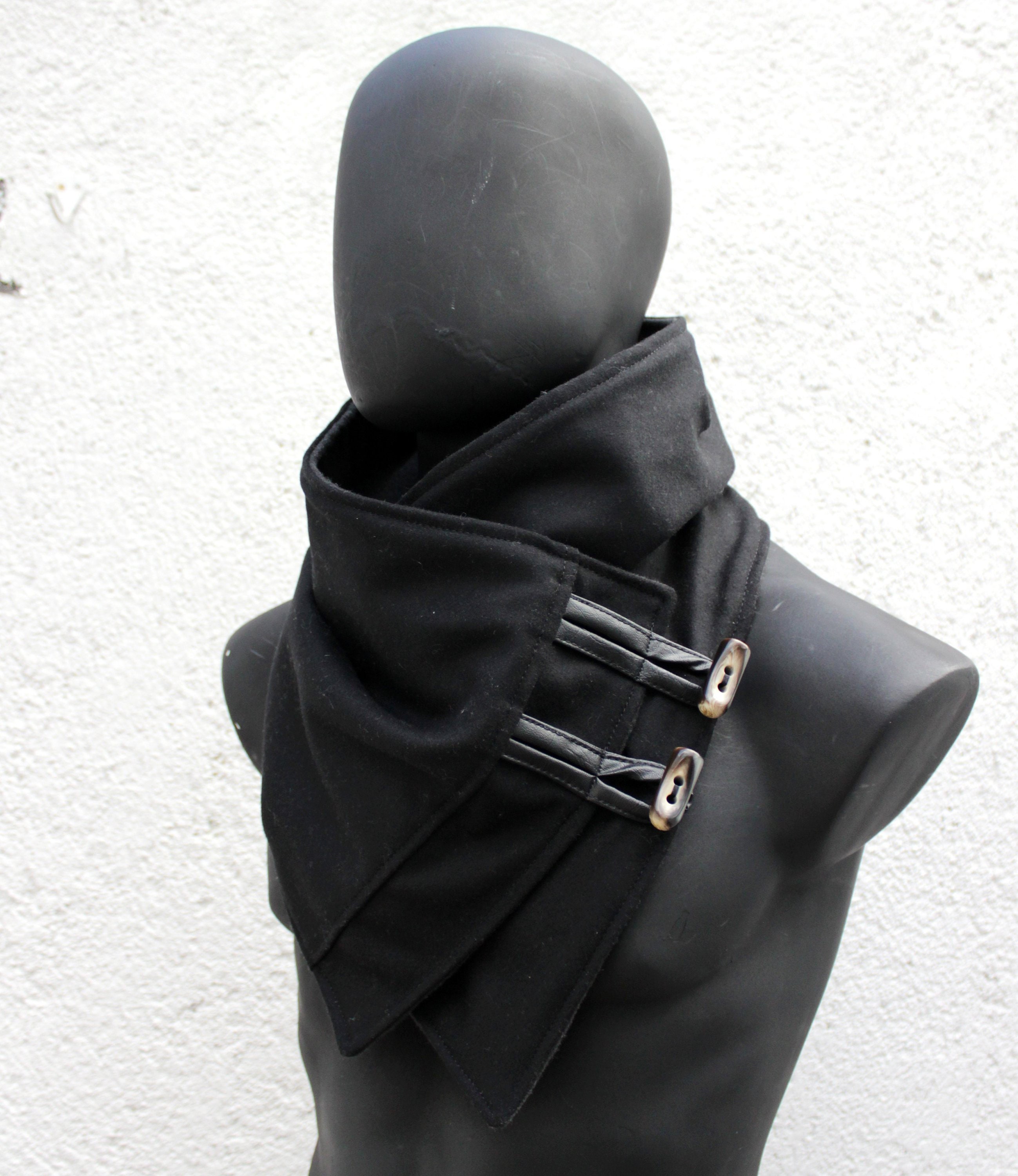 Unisex Cowl,men and Women Scarf,black Wool,black Leather
