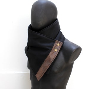 Unisex scarf. Men & women cowl.Black wool and faux suede leather,Modern,cozy neckwarmer.gift.READY to SHIP.