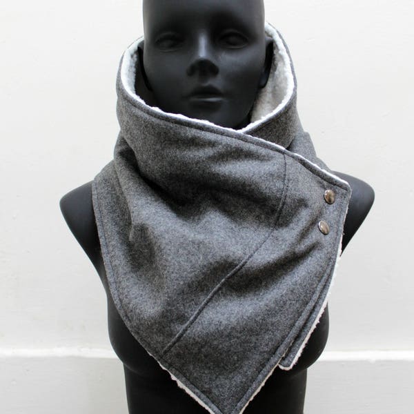 Men & women cowl,Unisex scarf. Flecked dark grey wool and sherpa fabric,metallic snaps.Gift. READY to SHIP.