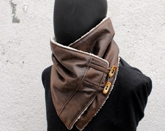 Vegan scarf.Brown Suede fabric,sherpa fabric & toggle buttons,Unisex cowl.Gift for him,her.READY to SHIP.