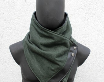 Unisex scarf,Men and women cowl.Green wool,leather,metallic snap.Modern,cozy neckwarmer.Gift.READY to SHIP.