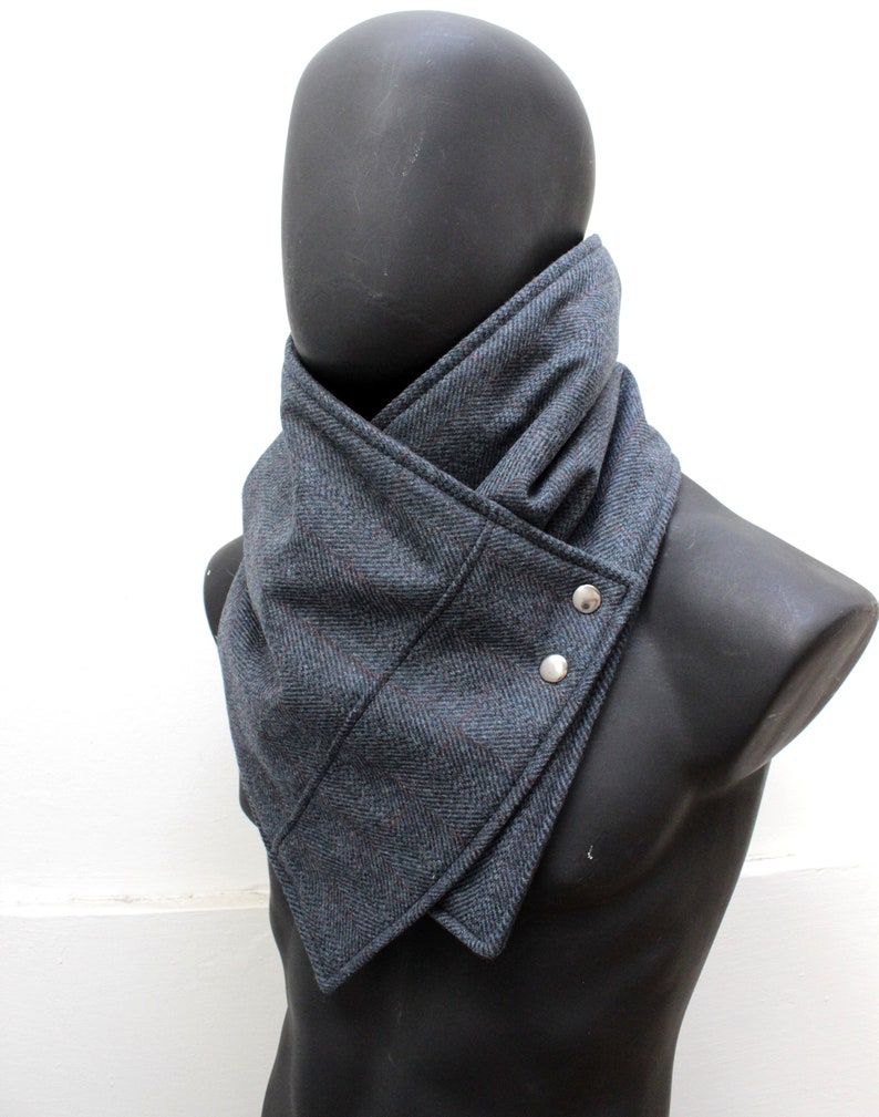 Unisex scarf.Men & women cowl.Teal herringbone wool,metallic snaps.Modern,elegant,cozy.gift.READY to SHIP. image 2