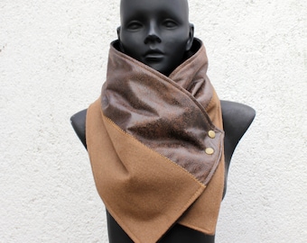 Unisex scarf,Men & women cowl.Camel color wool and faux suede,metallic snaps.Modern,cozy.READY to SHIP.