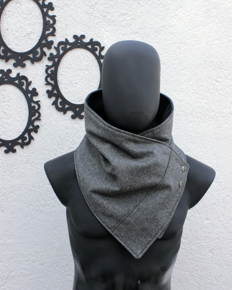 Unisex scarf.Men & women cowl, Oxford grey wool,metallic snaps. Modern and cozy.Gift. READY to SHIP. image 1