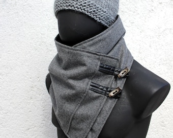 Unisex scarf.Men & women cowl,Oxford grey wool, toggle buttons.Trendy, modern and cozy. Gift,READY to SHIP.