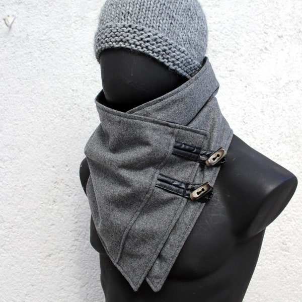 Unisex scarf.Men & women cowl,Oxford grey wool, toggle buttons.Trendy, modern and cozy. Gift,READY to SHIP.