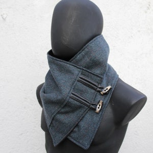 Unisex scarf.Wool cowl with toggle,Dark Teal,herringbone,Men & women neckwarmer,Modern,cozy.READY to SHIP.