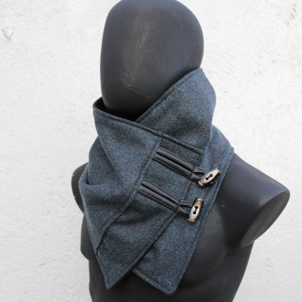 Unisex scarf.Wool cowl with toggle,Dark Teal,herringbone,Men & women neckwarmer,Modern,cozy.READY to SHIP.