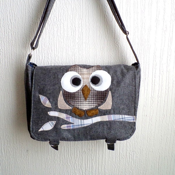 Unisex Messenger bag.Inner padding. Owl Applique.Rocko.Black flecked denim and plaid green and blue cotton.Ready To Ship.