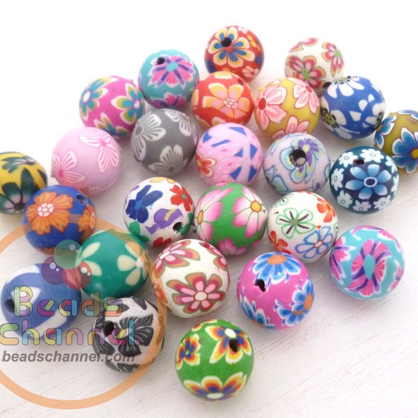 80PCS 10MM Round Polymer Clay Beads, Fimo Beads, Mixed Round Beads with Flowers