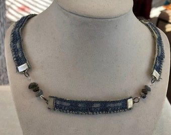 DENIM DELIGHT: Denim Link Necklace w Lapis & Bronze Bead Stations. Coordinating Earrings. Recycled Materials. Adjustable. 2pc Set.