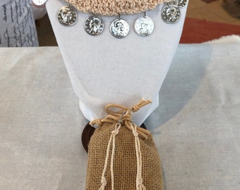 COINED GRACE: Crochet, Linen-Lined Necklace w Dangling Coins, MOP Button Closure & Wood Bead Ends. Matching Earrings. 2Pc Set