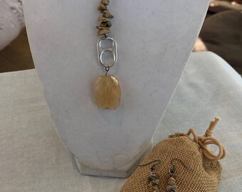 THE REBALANCER PLUS: Prism-Cut Agate Pendant w Soda Can Pull & Jasper beads on knotted hemp cord. Coordinating earrings. 2pc Set