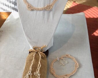 CRYSTAL LITE: Crochet Necklace & Anklet w embedded Swarovski Crystal stations. Button Closure. Matching Earrings. 3pc Set