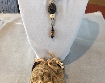 SPIRITED AWAY: Crochet Adjustable Necklace w Wood Bead Inserts & Pendant. Metal, Bone, Tiger's Eye Beads. Matching Earrings. 2pc Set.