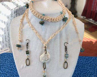 SEA BREEZE: Crocheted Tieback Necklace feat Hunting Island, SC Shell w Bead Accented Pendant. Matching Bracelet & Earrings. 3pc Set
