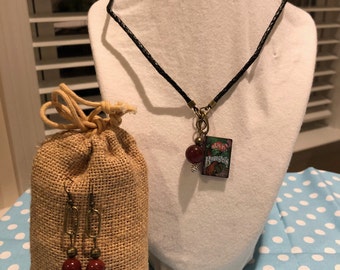 A CLASSIC TALE:Braided Leather Cord Necklace w Jack & the Beanstalk Book, Carnelian Agate, Brass and Silver Bead Pendant. Earrings. 2pc Set