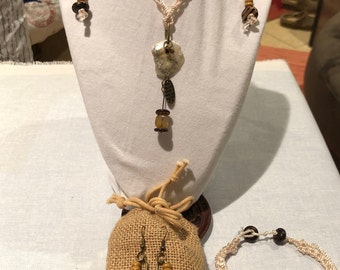 SERENITY: Crochet Necklace w Pendant From Hunting Island, SC Shell, Tiger's Eye & Wood. Matching Adjustable Bracelet w Earrings. 3pc Set