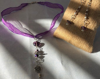 MY REGAL HEART: Striated Purple Lace Ribbon Necklace w Dangling Heart, Key & Swarovski Crystal Linear Pendant. Matching Earrings. 2pc Set.