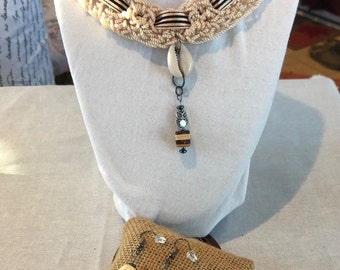 SOPHISTICATED & FEARLESS: Crochet Necklace w Ribbon and Cowrie Shell, Owl, Wood, Hematite, Bone Beaded Pendant w Earrings. 2pc Set.