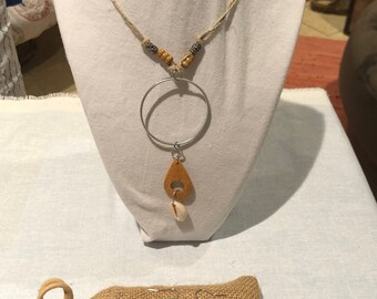 ASTRAL: Hemp Necklace w Recycled Soda Can Rim, Wood, Jasper and Cowrie Shell Pendant. Matching Earrings. 2pc Set