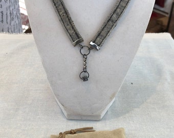 DENIM SEDUCTION: Distressed Black Denim Link Necklace w Speckled Howlite Square & Metal Beads. Matching Earrings. 2pc Set.