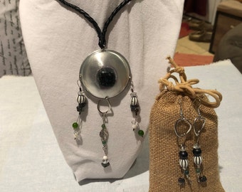 TRIBAL SHIELD: Braided Leather Cord w Recycled Soda Can Pendant Accented w a Variety of Semi-Precious Beads. Matching Earrings. 2pc Set.