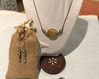 SERENGETI MOON: Leather Cord w Shell-Encased Glass Stations, Metallic and Safari Beads. Matching Earrings & Adjustable Bracelet. 3pc set.