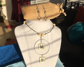 ME: Bicolor Knotted Hemp Bone Station Necklace w Recycled Can Rim and Scrabble Bead Pendant. Matching Earrings. 2pc Set.