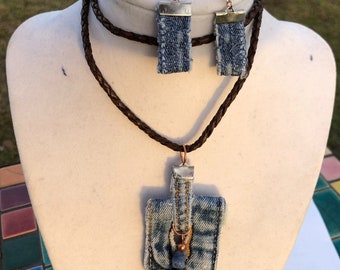 DENIM DELIGHT: Braided brown leather cord w detachable denim pendant adorned w copper & denim lapis beads.  2 matching earring sets. 4pc set
