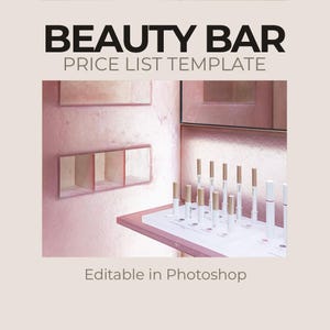 Può includere: Un modello di listino prezzi per beauty bar rosa con la scritta "BEAUTY BAR PRICE LIST TEMPLATE" in nero. L'immagine mostra un'esposizione di rossetti e altri prodotti di bellezza. Il testo "Editable in Photoshop" è in basso.