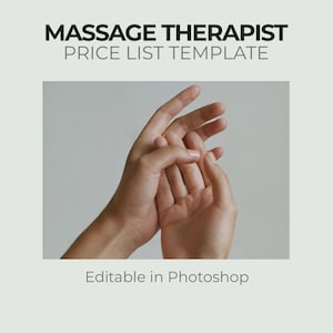 Può includere: Un modello di listino prezzi per un massaggiatore. L'immagine presenta due mani, una che tiene delicatamente l'altra. Il testo in alto recita "MASSAGE THERAPIST PRICE LIST TEMPLATE". Il testo in basso dice "Editable in Photoshop".