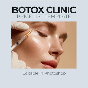 Plantilla de lista de precios de clínica de bótox (PSD editable) | Menú de inyecciones cosméticas | Plantilla de precios de spa médico | Descarga instantánea
