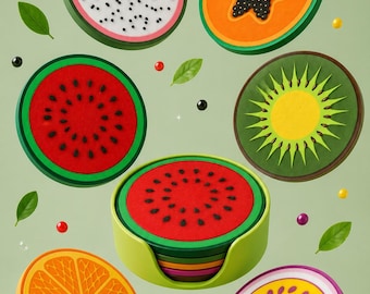 Set of 6 Fruit Coasters with Holder | Original 3D Printed Coasters | Kitchen Decor, Home Gift