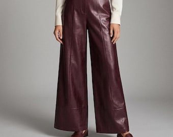 Women's Burgundy Leather Wide Leg Trousers | High Waist Palazzo Pants | Dark Academia Fashion