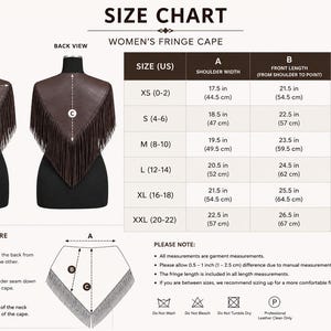 May include: A size chart for a brown fringe cape featuring front and back views on mannequins, a detailed measurement table with US sizes XS to XXL in inches and centimeters, and a diagram illustrating how to measure shoulder and length.
