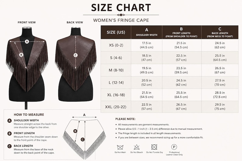 May include: A size chart for a brown fringe cape featuring front and back views on mannequins, a detailed measurement table with US sizes XS to XXL in inches and centimeters, and a diagram illustrating how to measure shoulder and length.
