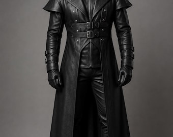 May include: A black leather long coat featuring structured shoulder pads, a high collar, and a front zipper closure. The coat includes two horizontal buckled straps across the waist, matching buckled cuffs, and a smooth finish throughout.