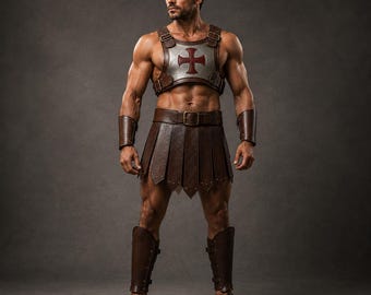 May include: A costume set featuring a silver-toned chest plate with a red cross emblem, a brown leather-look kilt with a buckled belt, matching brown leather-look forearm bracers, brown leather-look shin guards, and brown strappy sandals.