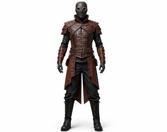 May include: A full-body costume featuring a black mask with gold-rimmed circular lenses, a brown leather-look vest with shoulder pauldrons and buckled straps, black long-sleeved undergarments, black trousers, and black lace-up boots.