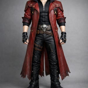 May include: A long, red leather coat with a distressed finish. The coat features a notched collar, multiple pockets, and a belt with a skull buckle. The outfit includes black leather pants, gloves, and boots. A black shirt is worn underneath.