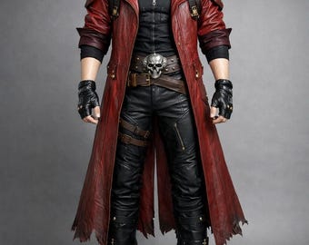 May include: A long, red leather coat with a distressed finish. The coat features a notched collar, multiple pockets, and a belt with a skull buckle. The outfit includes black leather pants, gloves, and boots. A black shirt is worn underneath.