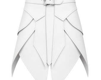 May include: A white skirt featuring a high-waisted design with a silver-toned metal buckle closure at the center. The garment is constructed with multiple overlapping pointed panels that create a layered, angular silhouette throughout the front.
