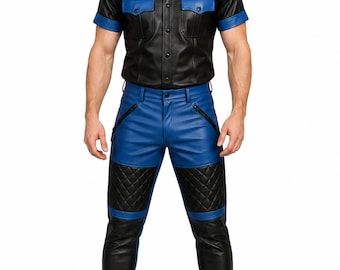 May include: A short-sleeved black shirt with blue shoulder accents, chest pockets, and a button-down front, paired with blue trousers featuring black quilted knee panels, zippered pockets, and black leather-style boots.